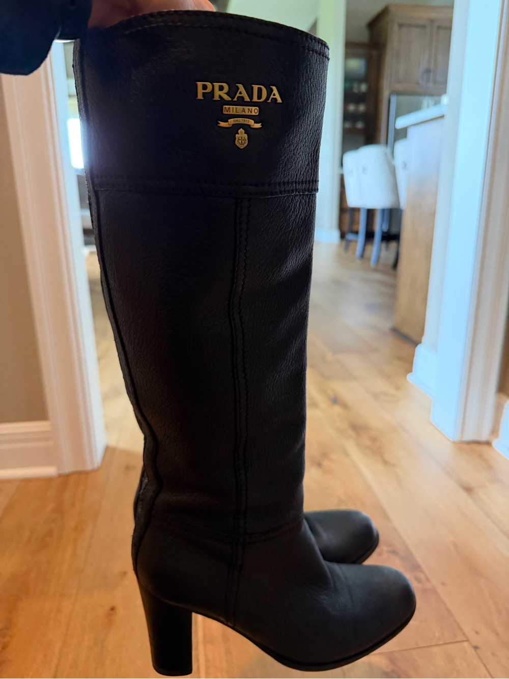 Prada Black Leather Knee-High Block Heel Boots with Gold Logo - Picture 9 of 11
